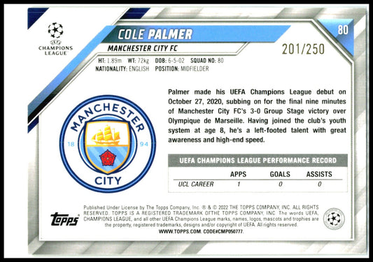2021 Topps UEFA Champions League Yellow Foil /250 #80 Cole Palmer RC