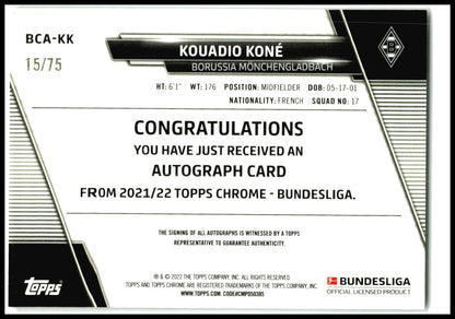 2021-22 Topps Chrome Bundesliga Auto Pink #/75 #BCA-KK Kouadio Koné AU