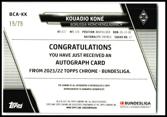 2021-22 Topps Chrome Bundesliga Auto Pink #/75 #BCA-KK Kouadio Koné AU