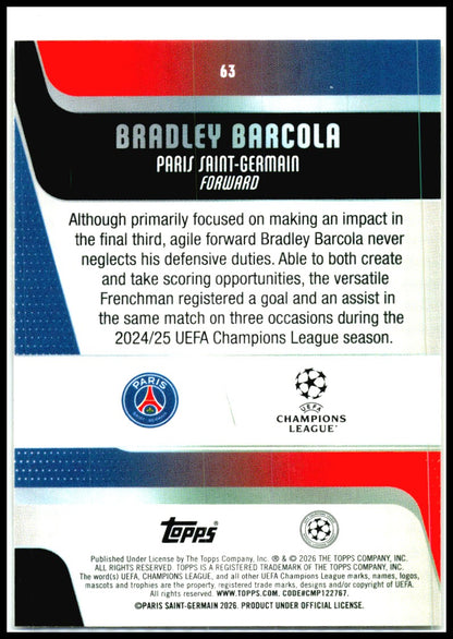 2025-26 Topps UEFA Yellow Sandglitter /299 #63 Bradley Barcola