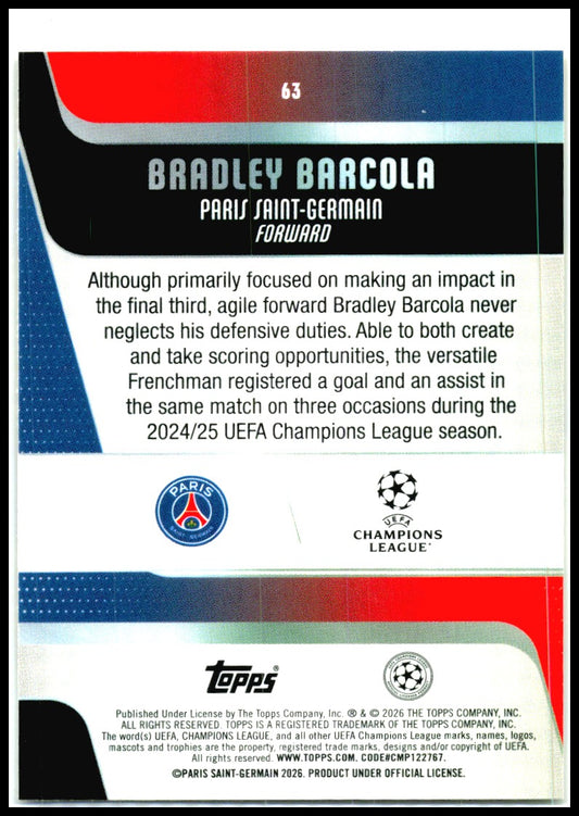 2025-26 Topps UEFA Yellow Sandglitter /299 #63 Bradley Barcola