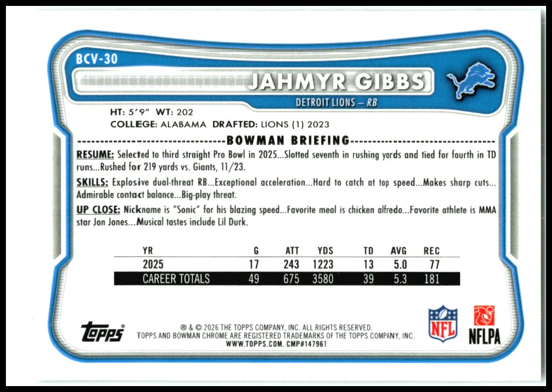 2026 Bowman Chrome Speckle #BCV-30 Jahmyr Gibbs Detroit Lions