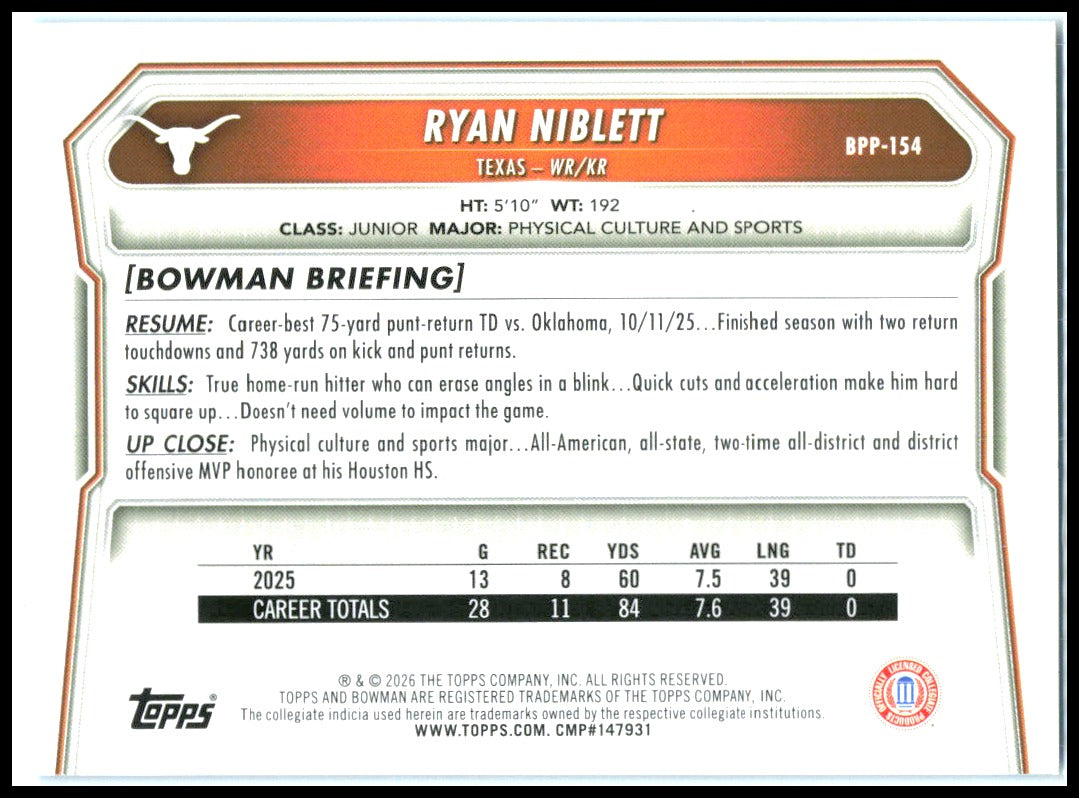 2026 Bowman Prospects Blue #BPP-154 Ryan Niblett #/150 Texas Longhorns