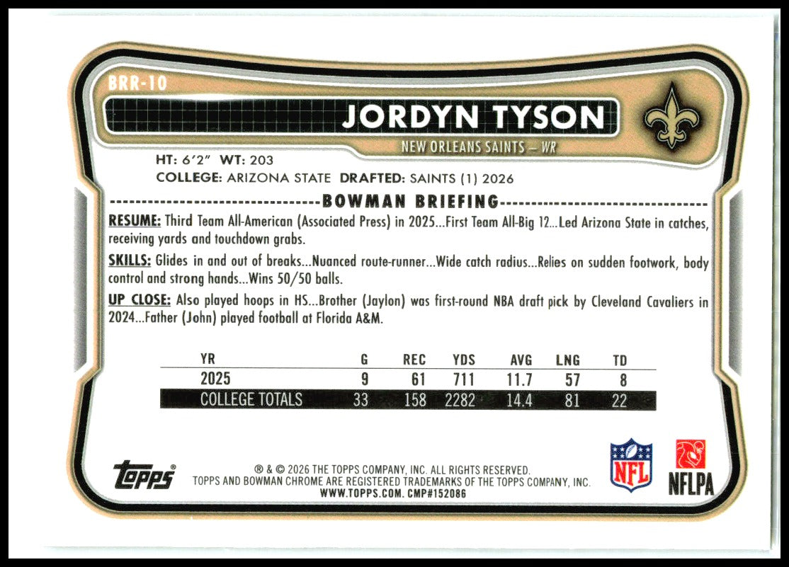 2026 Bowman Red RC #121 Jordyn Tyson RC New Orleans Saints