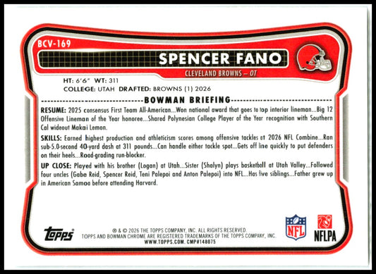 2026 Bowman Chrome Speckle #BCV-169 Spencer Fano Cleveland Browns