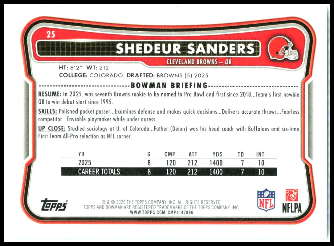 2026 Bowman #25 Shedeur Sanders Cleveland Browns