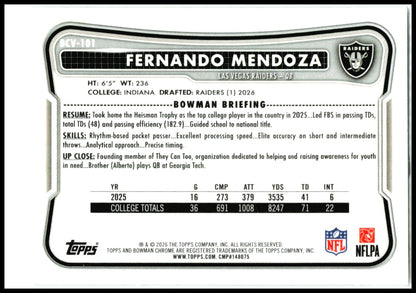 2026 Bowman Chrome #BCV-101 Fernando Mendoza Las Vegas Raiders