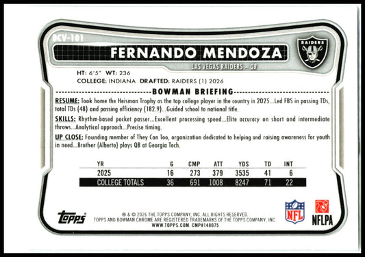 2026 Bowman Chrome #BCV-101 Fernando Mendoza Las Vegas Raiders