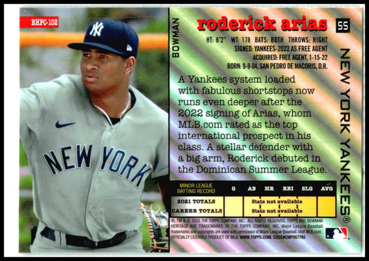 2022 Bowman Heritage Chrome Prospects #BHPC-102 Roderick Arias New York Yankees