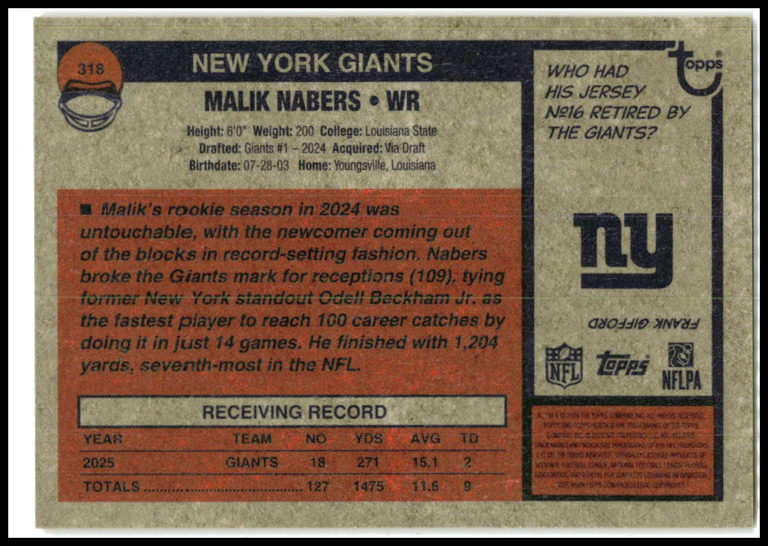 2026 Topps Heritage Chrome Orange /25 #318 Malik Nabers Giants