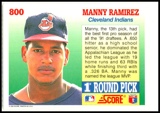 1992 Score #800 Manny Ramirez RC Cleveland Indians