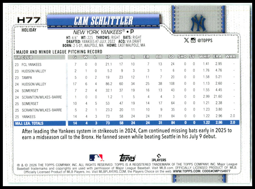 2026 Topps Holiday Green Foil #H77 Cam Schlittler RC New York Yankees