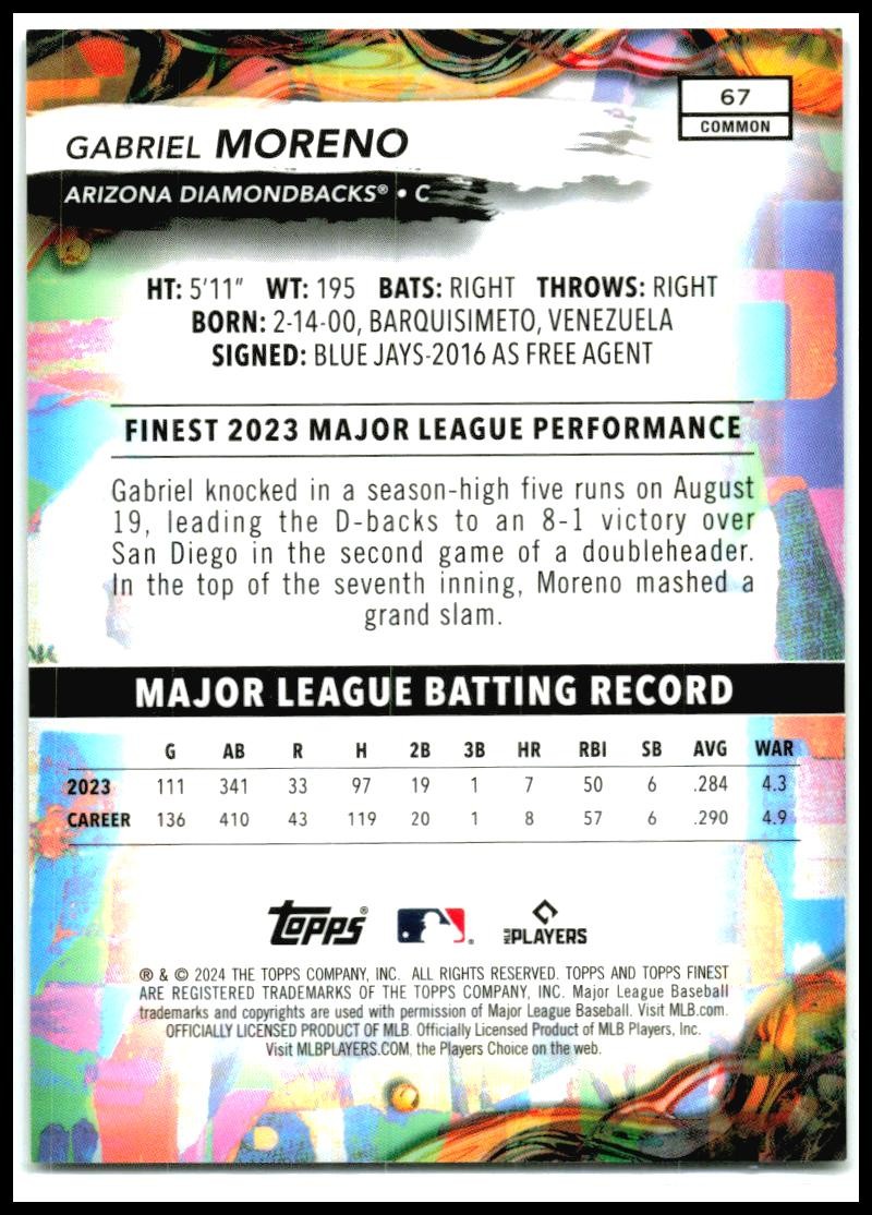2024 Finest Blue/200 #67 Gabriel Moreno Arizona Diamondbacks