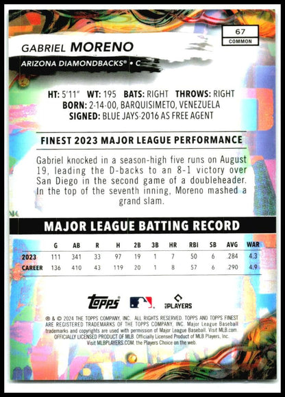 2024 Finest Blue/200 #67 Gabriel Moreno Arizona Diamondbacks