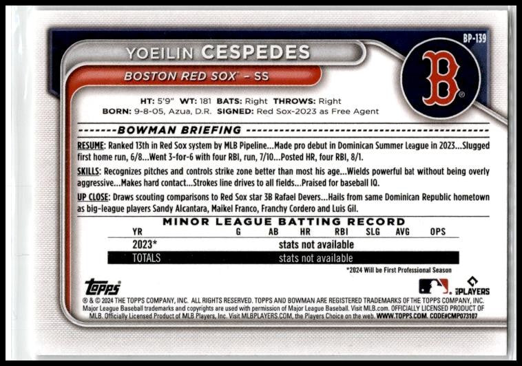 2024 Bowman Prospects #BP-139 Yoeilin Cespedes Boston Red Sox