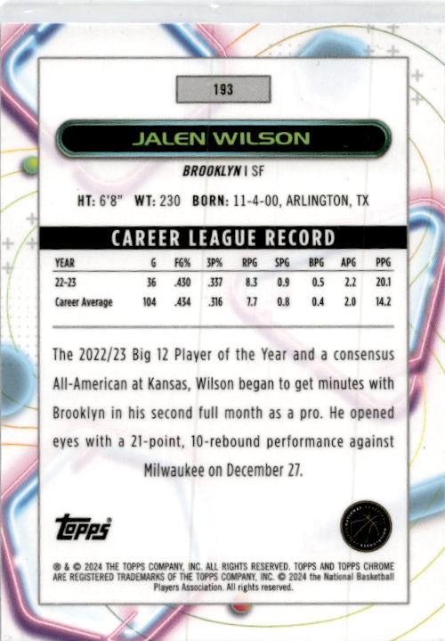 2023-24 Topps Chrome Cosmic Blue Moon Refractors #193 Jalen Wilson Rookie Nets