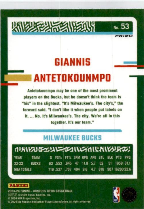 2023-24 Donruss Optic Blue Velocity #53 Giannis Antetokounmpo Milwaukee Bucks