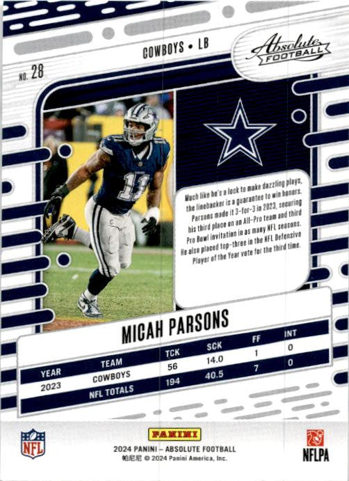 2024 Panini Absolute Retail #28 Micah Parsons Dallas Cowboys