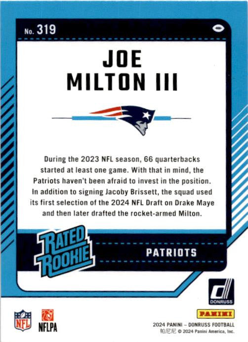 2024 Donruss #319 Joe Milton III Rookie New England Patriots