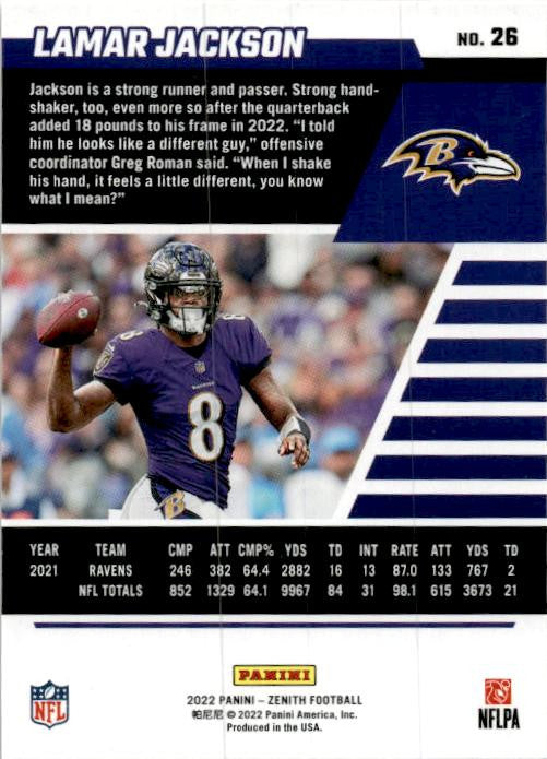 2022 Zenith #26 Lamar Jackson Baltimore Ravens