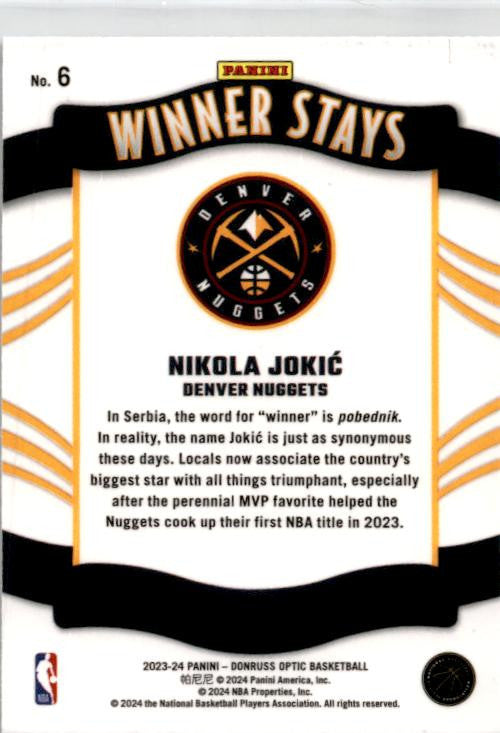 2023-24 Donruss Optic Winner Stays #6 Nikola Jokic Denver Nuggets