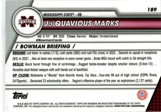 2023 Bowman University Chrome Pink Refractor #189 Jo'Quavious Marks Bulldogs