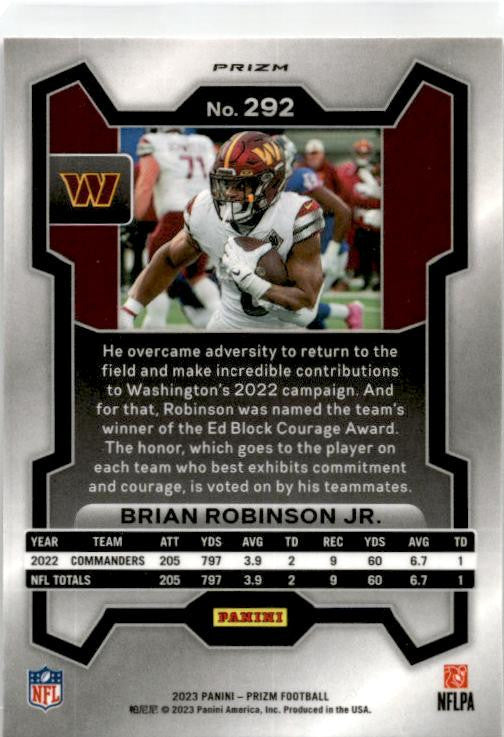 2023 Panini Prizm Silver #292 Brian Robinson Jr. Washington Commanders