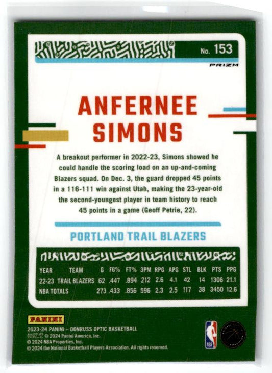 2023-24 Donruss Optic #153 Anfernee Simons Blue Velocity