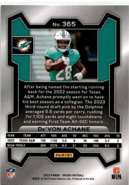 2023 Panini Prizm Silver #365 De'Von Achane Rookie Miami Dolphins