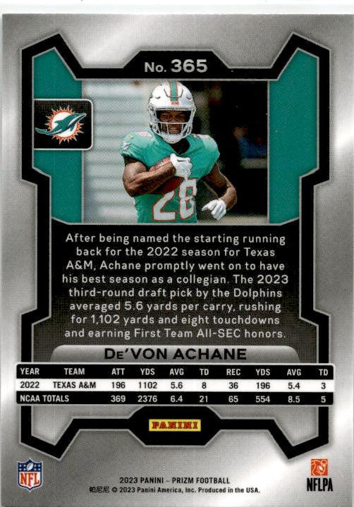 2023 Panini Prizm Silver #365 De'Von Achane Rookie Miami Dolphins