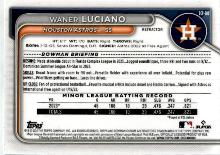 2024 Bowman Chrome Prospects Refractors #BCP-208 Waner Luciano Astros