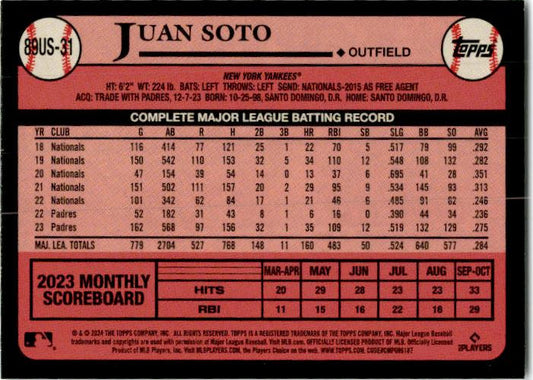 2024 Topps Update 1989 Topps 35th Anniversary #89US-31 Juan Soto Yankees