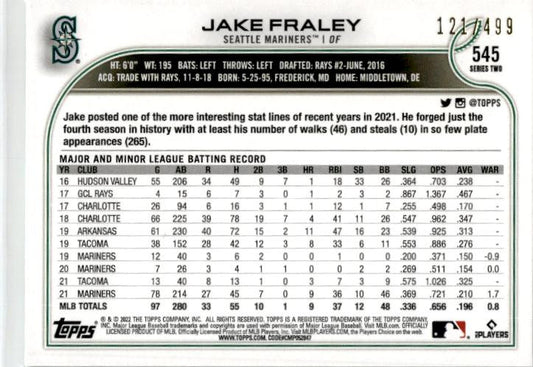 2022 Topps Green Foilboard #545 Jake Fraley #/499 Seattle Mariners