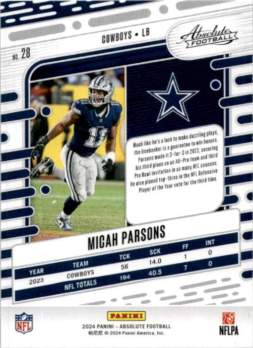 2024 Panini Absolute Blue #28 Micah Parsons Dallas Cowboys