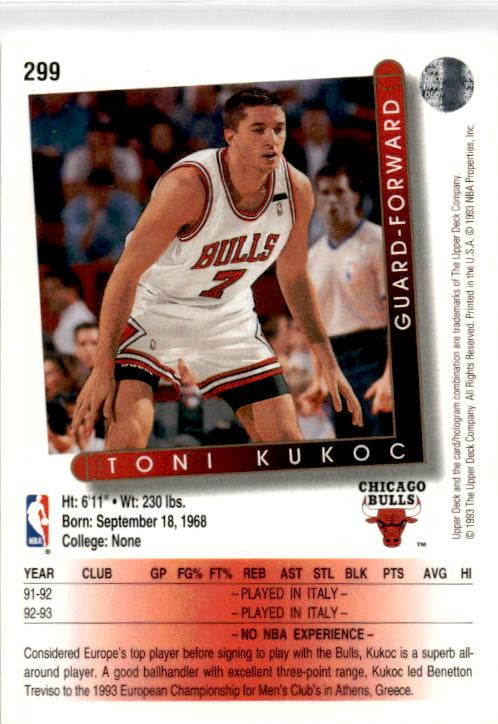 1993-94 Upper Deck #299 Toni Kukoc Rookie Chicago Bulls