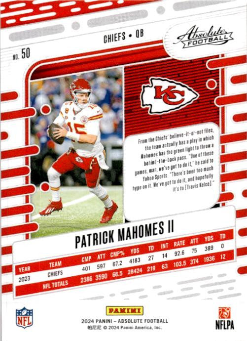 2024 Panini Absolute #50 Patrick Mahomes II Kansas City Chiefs