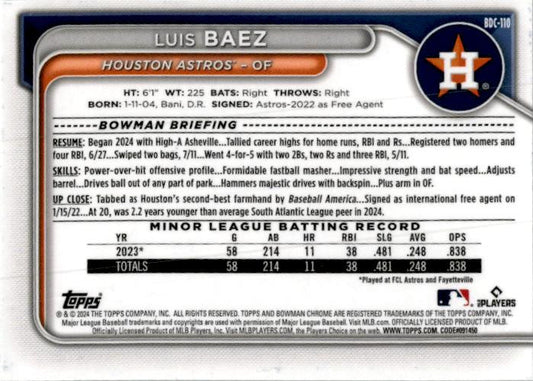 2024 Bowman Draft Chrome Lunar Glow Refractor #BDC-110 Luis Baez Houston Astros