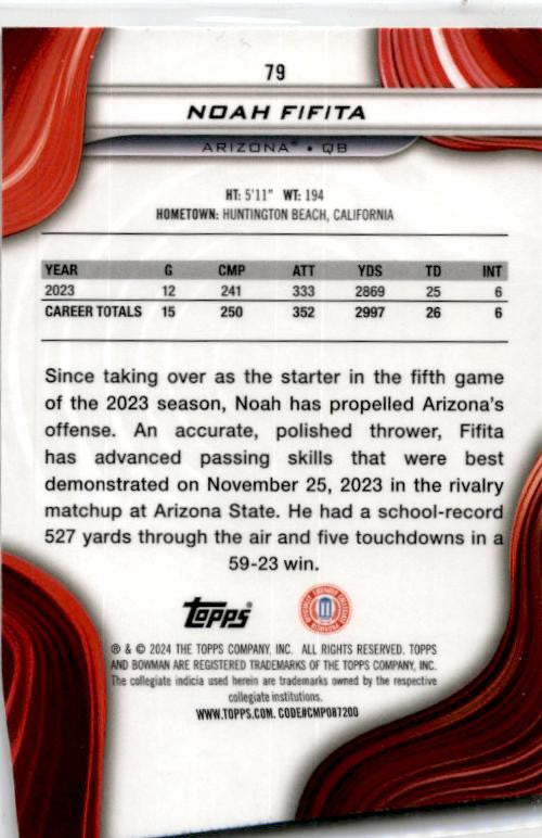 2024 Bowman University Best Purple Refractor #79 Noah Fifita Wildcats