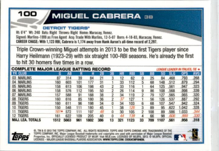 2013 Topps Chrome #100 Miguel Cabrera Detroit Tigers