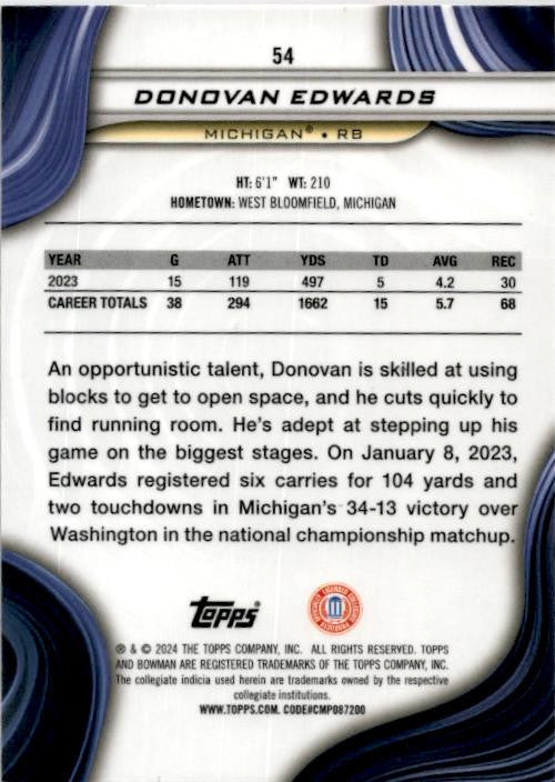 2024 Bowman University Best Pink Lava Refractor #54 Donovan Edwards Wolverine