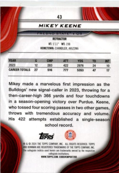 2024 Bowman University Best Refractor #43 Mikey Keene Fresno State Bulldogs