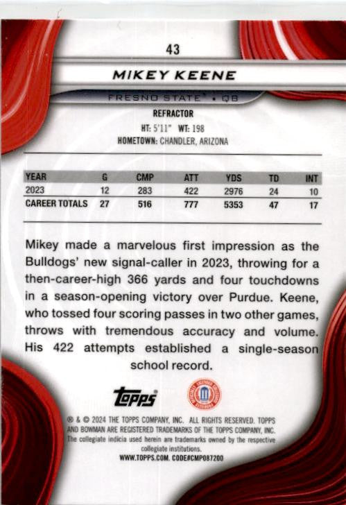 2024 Bowman University Best Refractor #43 Mikey Keene Fresno State Bulldogs