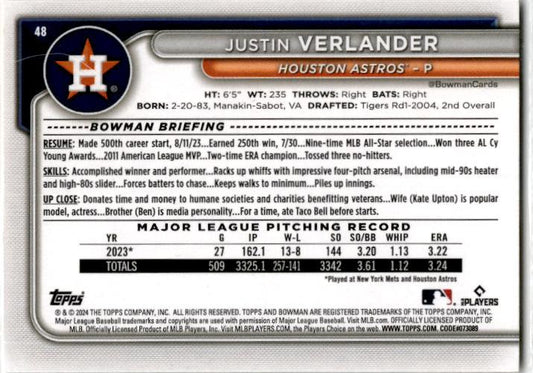 2024 Bowman Gold #48 Justin Verlander #/50 Houston Astros