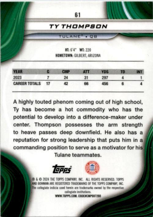2024 Bowman University Best Blue Refractor #61 Ty Thompson Green Wave