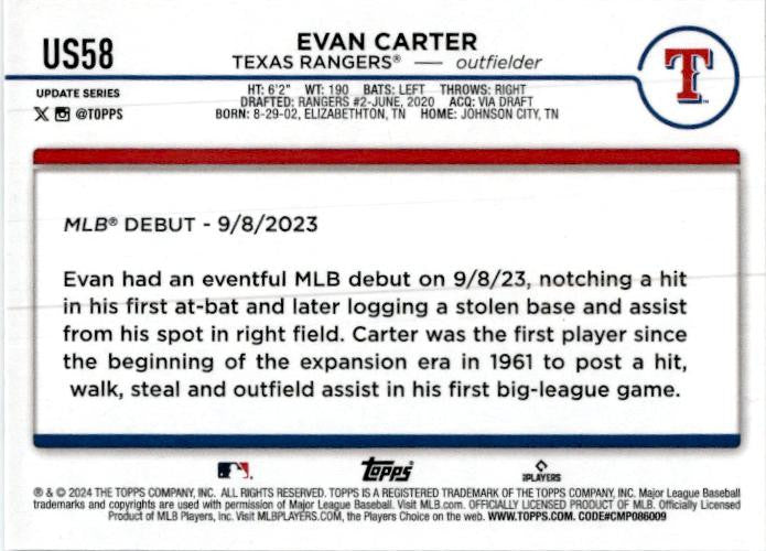 2024 Topps Update #US58 Evan Carter Texas Rangers