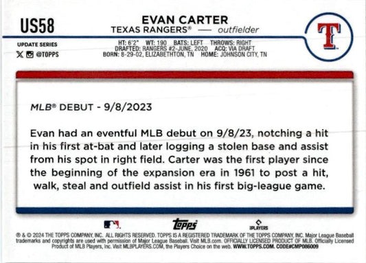2024 Topps Update #US58 Evan Carter Texas Rangers