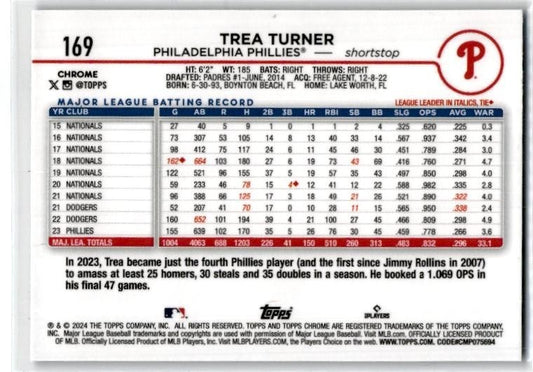2024 Topps Chrome Purple Refractors #169 Trea Turner #/250 Philadelphia Phillies