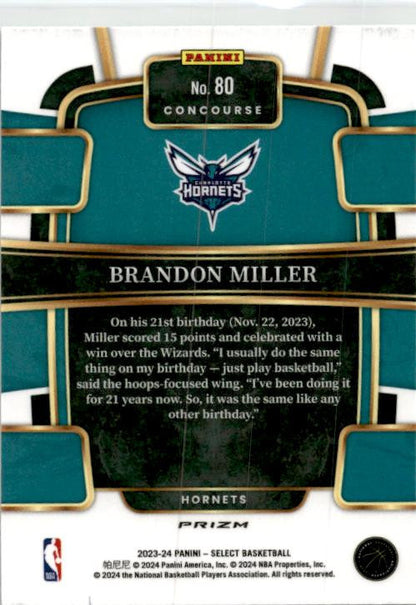 2023-24 Panini Select Green White Purple Prizms #80 Brandon Miller Rookie