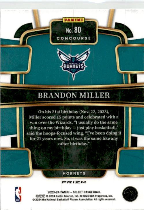 2023-24 Panini Select Green White Purple Prizms #80 Brandon Miller Rookie