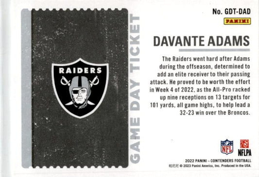 2022 Panini Contenders Game Day Ticket Emerald #GDT-DAD Davante Adams Raiders